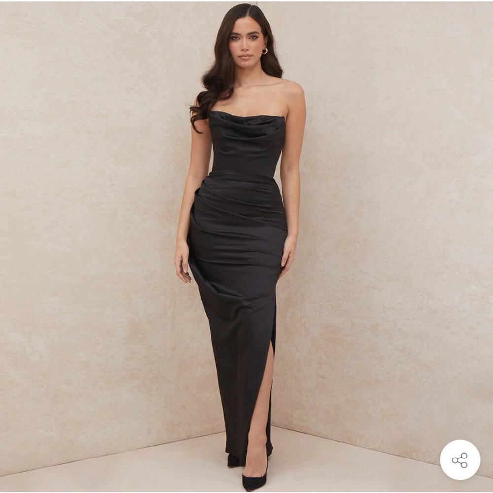 NWT Luxe Dress Black Satiny Strapless Cocktail Slit‎ Ruched Bodycon Maxi Dress S